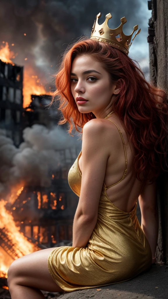 A beautiful European women, fear, horror on her face, scared face, queen, wearing burning dress, long dress, golden crown, fire in the sky, apocalypse, Apocalyptic city, burning buildings, fire storm, explosions in the air. She is 24 years old, has red hair, curly hair and red eyes. Her cloth is stylish and her overall appearance is stunning. The girl's face is extremely detailed with beautifully detailed lips. Her skin is anatomically correct with realistic textures. The image should have super high details and be of the best quality, with a resolution of 8K. The final result should be a masterpiece, showcasing the girl's beauty and the vibrant atmosphere of Apocalyptic city and apocalypse