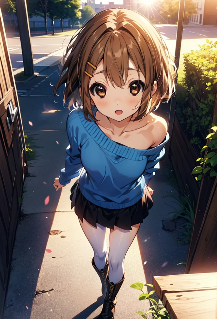 yuihirasawa, Yui Hirasawa, short hair, Brown Hair, hair ornaments, (Brown eyes:1.5), Hair Clip,One-shoulder sweater,mini skirt,Black pantyhose,short boots,Walking,morning,morning陽,The sun is rising,smile,Open your mouth,whole bodyがイラストに入るように
break outdoors,Building district,
break looking at viewer, whole body,
break (masterpiece:1.2), Highest quality, High resolution, unity 8k wallpaper, (figure:0.8), (Beautiful attention to detail:1.6), Highly detailed face, Perfect lighting, Highly detailed CG, (Perfect hands, Perfect Anatomy),