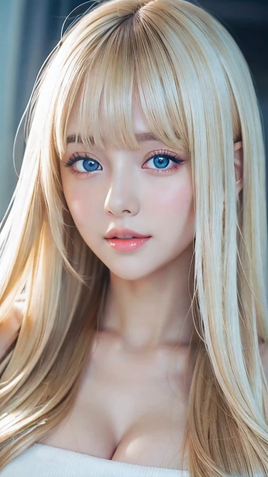 Super long, silky blonde hair、Very cute, beautiful and stunning girl、Bangs falling over the eyes、Hair on the face、Put one bang over your eye、Hair between the eyes、So perfect beautiful cute face、big, Her bright, light blue eyes are so beautiful and sparkling.、Very big eyes、White and lustrous skin、Small Face Beauty、Cheek gloss highlighter、Incredibly white, beautiful, bright and radiant skin、Round face