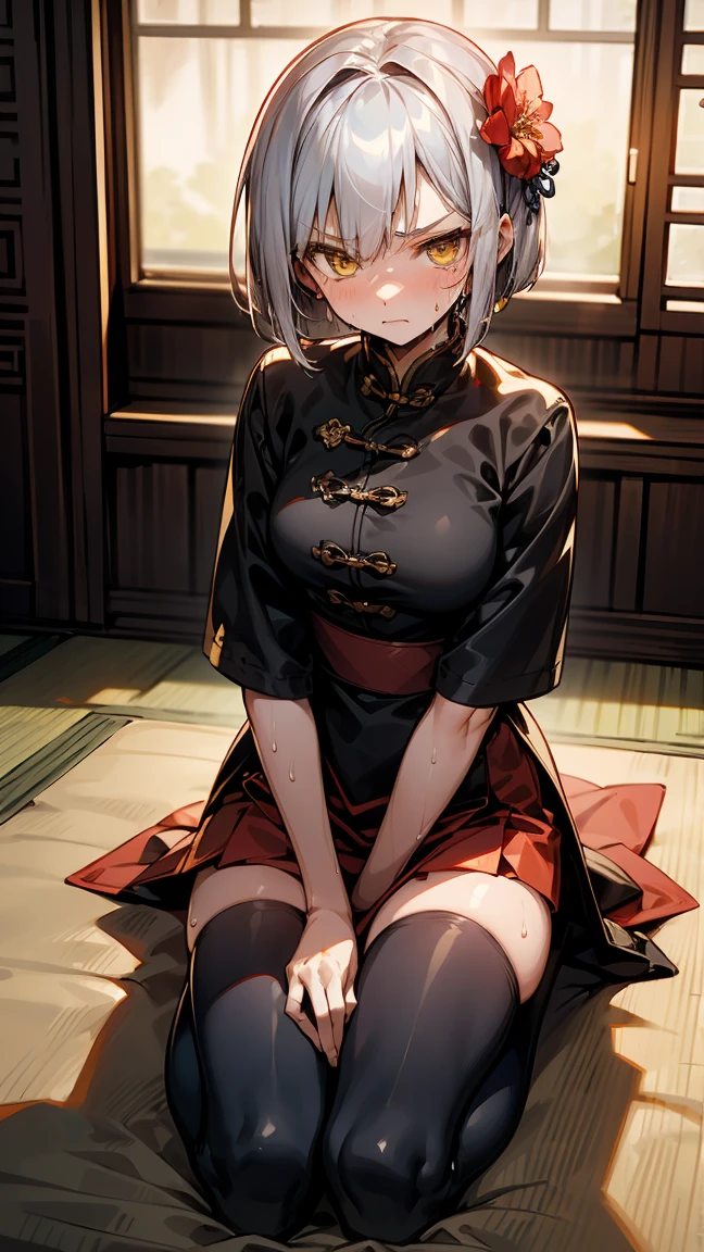 young girl , short silver bob hair, hair flower, sharp bangs between the eyes, yellow  eyes, eyes large, dominant look, cold stare, somewhat angry expression. traditional chinese imperial clothes black with gold details, red skirt, black thigh high socks. slenderbody. On your knees on the bed, kneeling. front point of view, far view. in a Japanese room, at night, with full moon in the background, light reflecting on the sexy and sweaty body. (((sweat)))