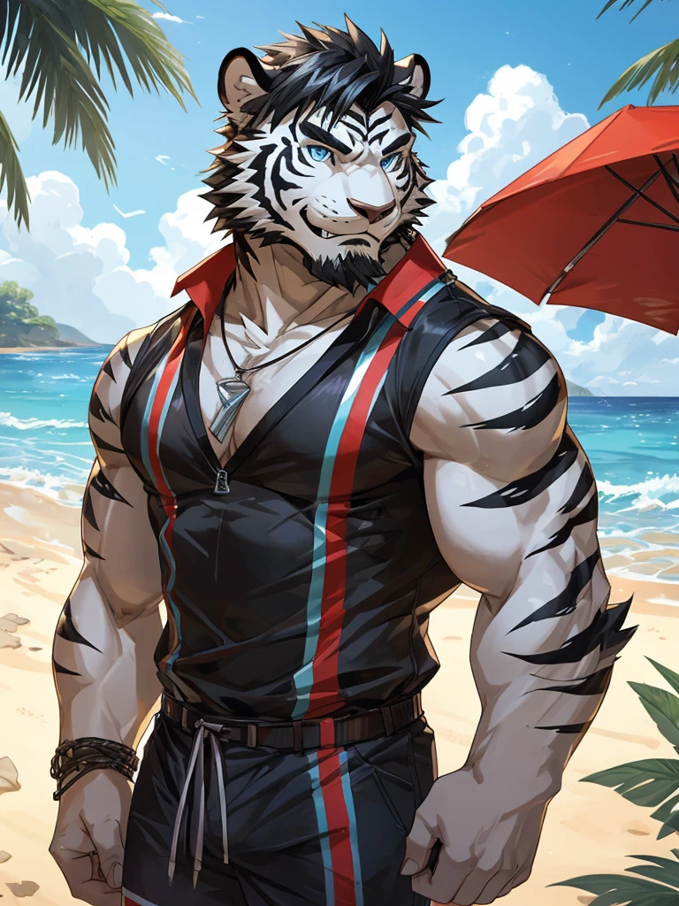 Masterpiece, Solo, Furry Black White Tiger, Blue Eyes, Medium Black Hair, Medium Black Facial Hair, Muscular Body, Cool Pose, Handsome, Good Looking, Adult, Fierce, Grinning, Summer outfit, summer background