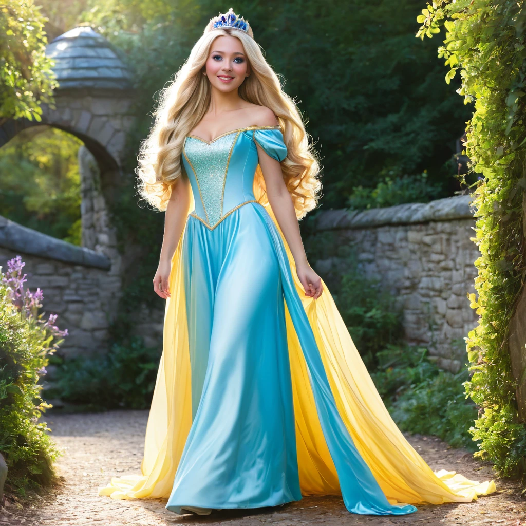 Blonde with long hair in a full length princess outfit