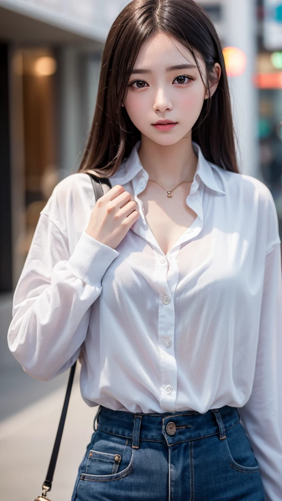 ((Top Quality, 8k, Masterpiece: 1.3)), Crisp Focus: 1.2, Beautiful Women in Perfect Style: 1.4, Slender Abs: 1.2, ((Dark Brown Bob Cut, Big: 1.1)), Smile, (White Button Up Long Shirt: 1.1), Street: 1.2, Highly Detailed Face and Skin Texture, Detailed Eyes, Double Eyelids