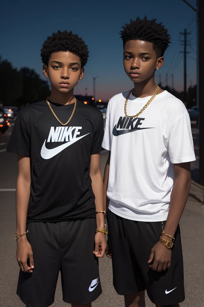 Two boys in a dark parking lot, a 9 year old black boy wearing a Nike t-shirt and a 16 year old wearing a taller gold chain than the previous one ((photo realist))