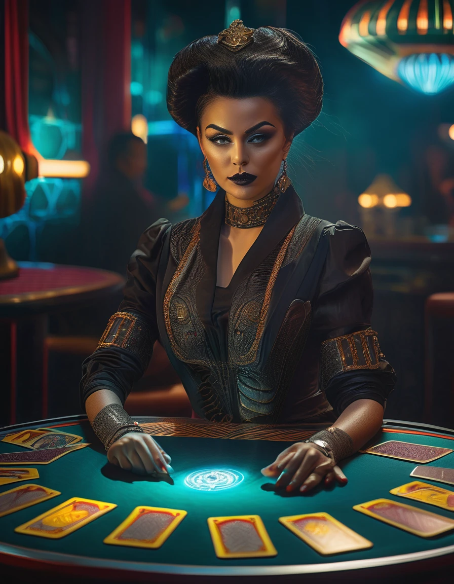 intricate black jack table, retro futuristic sci-fi atmosphere, gorgeous female black jack dealer, dealing karma tarot cards, dark moody lighting, hyper detailed, cinematic, dramatic, painterly, vibrant colors, dramatic shadows, 8k, hyper realistic, award winning concept art