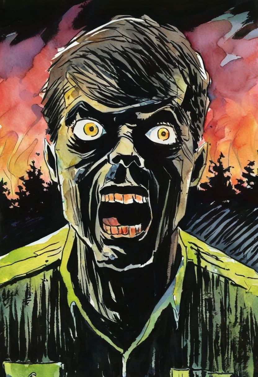 (drawix12), B-Movie Horror aesthetic, ((vivid colors)), with a pissed off expression, a hunted hill, muscular, screem, stunning background. dark and moody, a mesmerizing blend of light and shadow. masterpiece, absurdres, intricate details