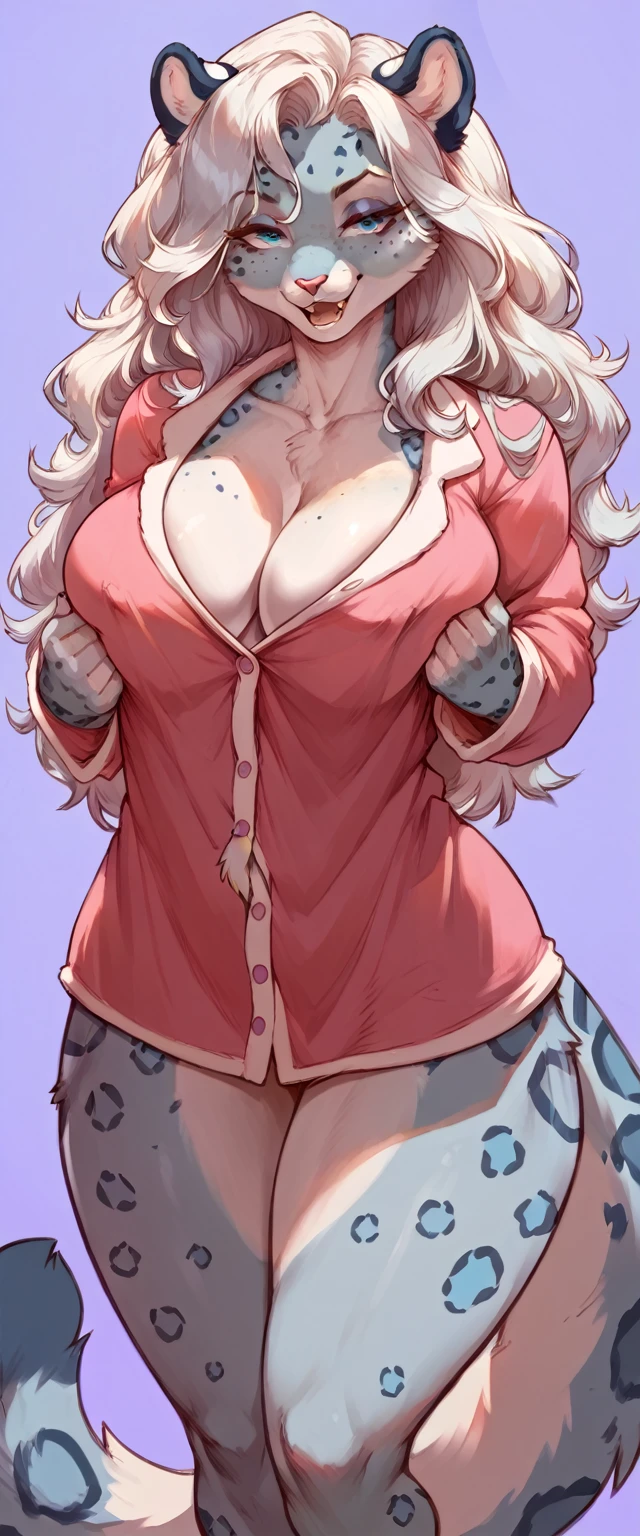(solo) female anthro snow leopard, long fluffy hair, snow leopard, (big breasts:1.5), attractive, baby doll pajamas , fit body, snow leopard tail,, thicc, freckles, freckles on face, smug eyes, (happy expression), she is standing look to the viewer , violet background, simple background, thick thighs (front view)