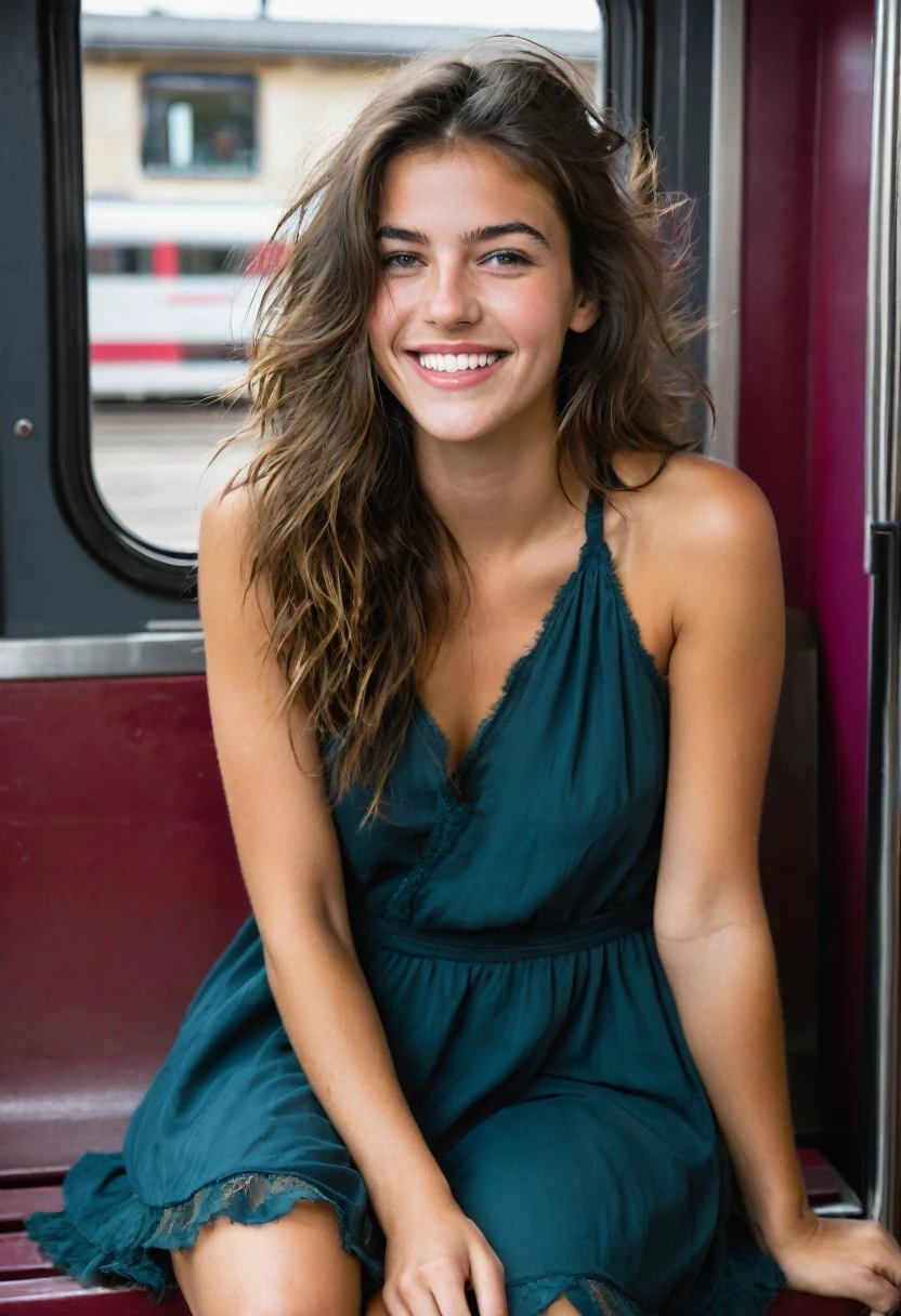 20-year-old French girl, assise en robe brunette, yeux de couleurs marrons foncé, grand sourire EN TRAIN DE S'AMUSER LA MAIN DEVANT LA BOUCHE , Hair messy but not too messy, photos ON A BENCH