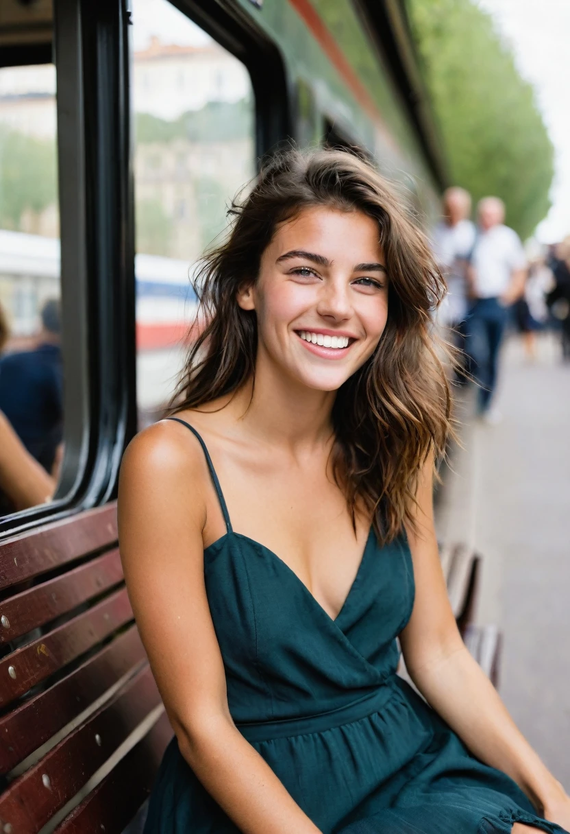 20-year-old French girl, assise en robe brunette, yeux de couleurs marrons foncé, grand sourire EN TRAIN DE S'AMUSER LA MAIN DEVANT LA BOUCHE , Hair messy but not too messy, photos ON A BENCH