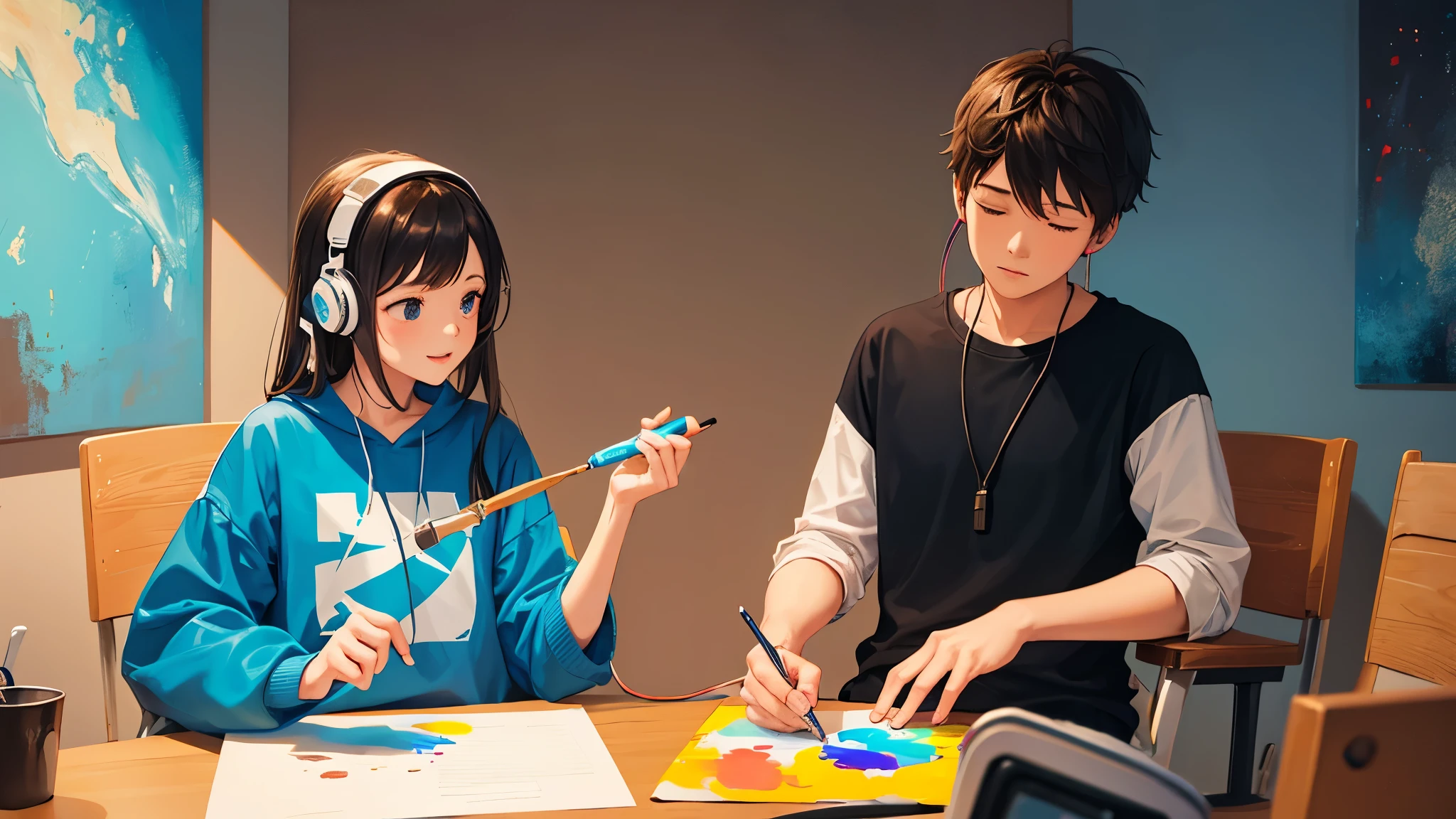 2 people, girl and boy back to each other, the girl is wearing head phone and sit on chair in front of a microphone, the boy is painting on a canva