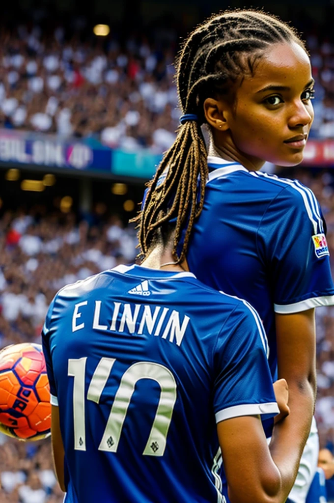CREATE AN IMAGE OF A GIRL WITH HER REAL MADRID T-SHIRT ON THE BACK OF THE T-SHIRT THAT SAYS EILENN AND HAS THE NUMBER 10 IN A STADIUM WITH A BALL