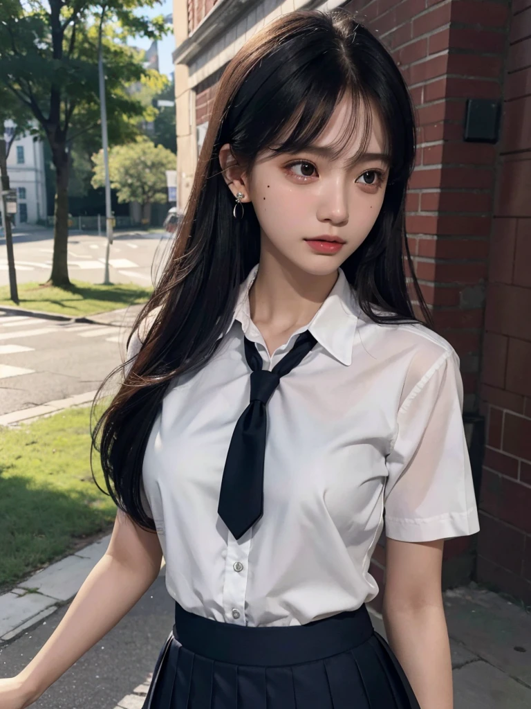 absurdres, RAW photo, extremely delicate and beautiful, masterpiece, Best Quality, ultra high resolution, 32k, hyperrealistic, ultra-detailed, tearful mole, earring, medium breasts, whole body shot, medium hair, asymmetrical hair, ((school_uniform)), short skirt,