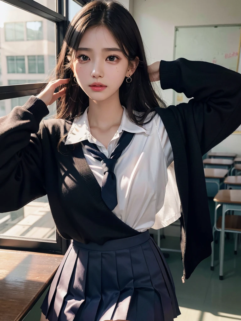 absurdres, RAW photo, extremely delicate and beautiful, masterpiece, Best Quality, ultra high resolution, 32k, hyperrealistic, ultra-detailed, tearful mole, earring, medium breasts, whole body shot, medium hair, asymmetrical hair, ((school_uniform)), short skirt,