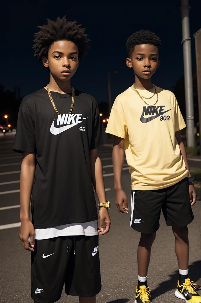 Two boys in a dark parking lot, a 9 year old black boy wearing a Nike t-shirt and a 16 year old wearing a taller gold chain than the previous one ((photo realist))