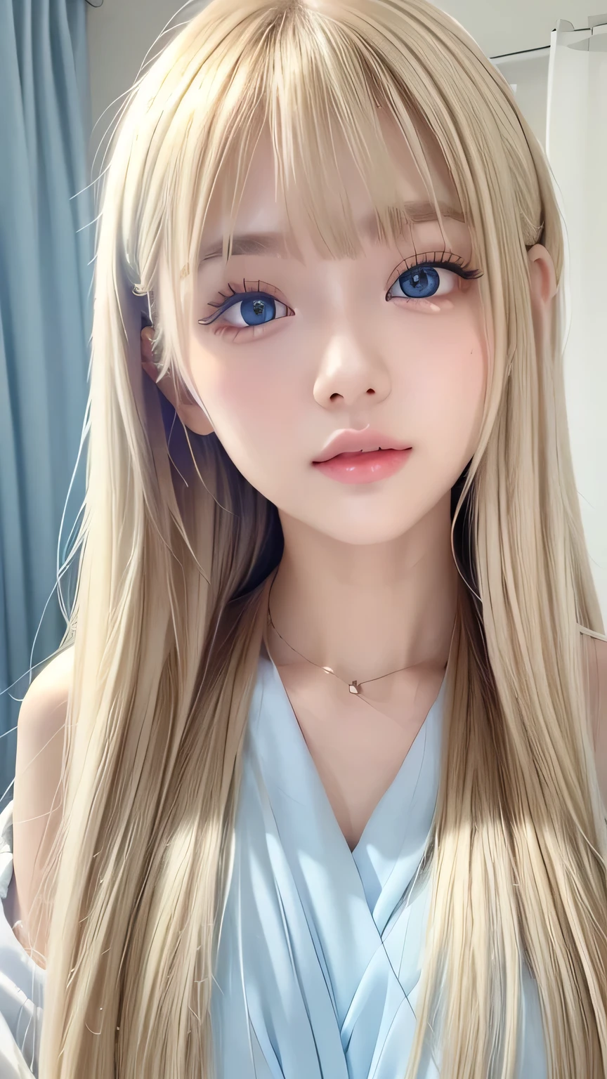 Super long, silky blonde hair、Very cute, beautiful and stunning girl、Bangs falling over the eyes、Hair on the face、Put one bang over your eye、Hair between the eyes、So perfect beautiful cute face、big, Her bright, light blue eyes are so beautiful and sparkling.、Very big eyes、White and lustrous skin、Small Face Beauty、Cheek gloss highlighter、Incredibly white, beautiful, bright and radiant skin、Round face