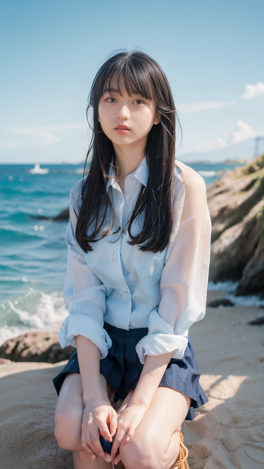 (((Top-down configuration:1.33)))、((No underwear:1.55))、One Girl、Beautiful and detailed eyes and face、barefoot、20 year old cute Japan woman, ((Extremely precise and accurate anatomy:1.0)), (photo Realistic:1.4), (hyper Realistic:1.4), (最高品質のRealisticな肌の質感:1.4), (Improvement of quality:1.4), (Enhances the beauty of skin texture:1.1), Clean and glowing skin, mesh, thin:1.2, (Realistic:1.3), Realisticなライティング, (Smoother lighting:1.05), (Improving the quality of cinema lighting:0.9), Backlight, A gentle light on your face, Ray Tracing, (Bright light:1.2), 32K, One Japanese woman, fine grain, Detailed face, (Film Grain:1.1),(Accentuates body lines:1.1), High resolution, Natural look, Kind eyes, Improves hair quality, Delicate light and shadow, Transparent muscles, Graceful pose, Beautiful Eyes, Sharp details, Soft light reflection, Beautiful contours, Delicate skin tone, Fine hair texture, Natural background, (((sunny day、Beach、A strong wind is blowing、Her hair and skirt are flying、Squat, Traditional navy blue sailor uniform、Open shirt、Pleated skirt、Scooping seawater with hands:1.25、splash、Sandy Beach、Light of the sun、clear blue sea、The waves crash quietly、Blue sky and white clouds、Green Mountain々、Beautiful Nature、The joys of youth)))、
