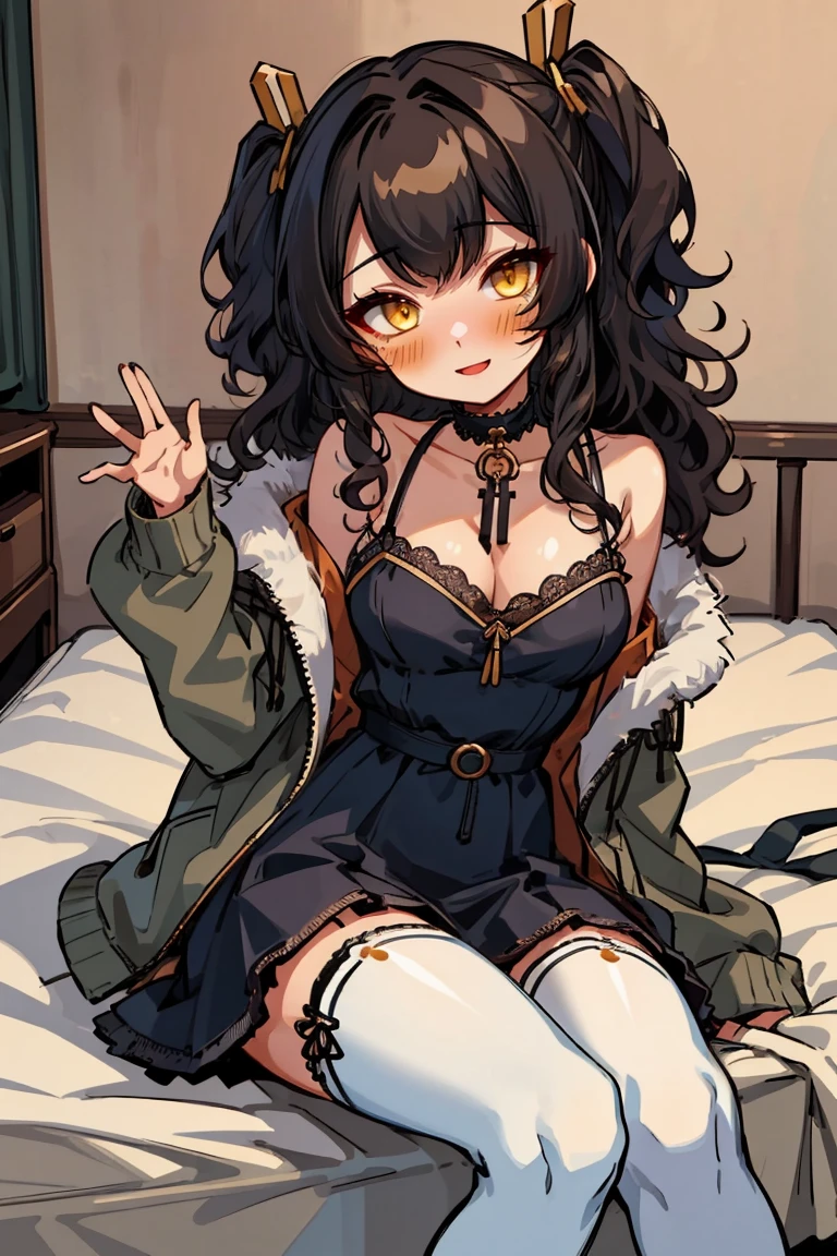 (masterpiece:1.2), (high quality:1.2), (hui xiyi:0.7), rekkyo sensen, rekkyou sensen, girls with((1girl, solo, black hair, yellow eyes, smiling, (wavy medium hair, one side up:1.55), (left swept bangs:1.53), bare shoulder, blush, breasts, choker, cleavage, coat, cowboy shot, long dress, blue lace dress, camisole dress, frilled dress, one-piece dress, ribbon waist belt, black ribbon belt, red bow, red ribbon, neck ribbon, collar, collarbone, rosary, rosary choker, cross, fur, fur trim, parka, khaki hoodie, green hoodie, khaki jacket, hood down, hooded coat, hooded jacket, hoodie, jacket, large breasts, long sleeves, medium breasts, open clothes, open coat,open hoodie, sleeveless, winter clothes, zipper, cleavage, upper body, hand up, waving, palm, white thighhighs, single thighhigh, exposed legs, exposed foots, left thighhigh, solo, legs, high heels, sittings, sit on the chair)), background with((bedroom, room:2.0))