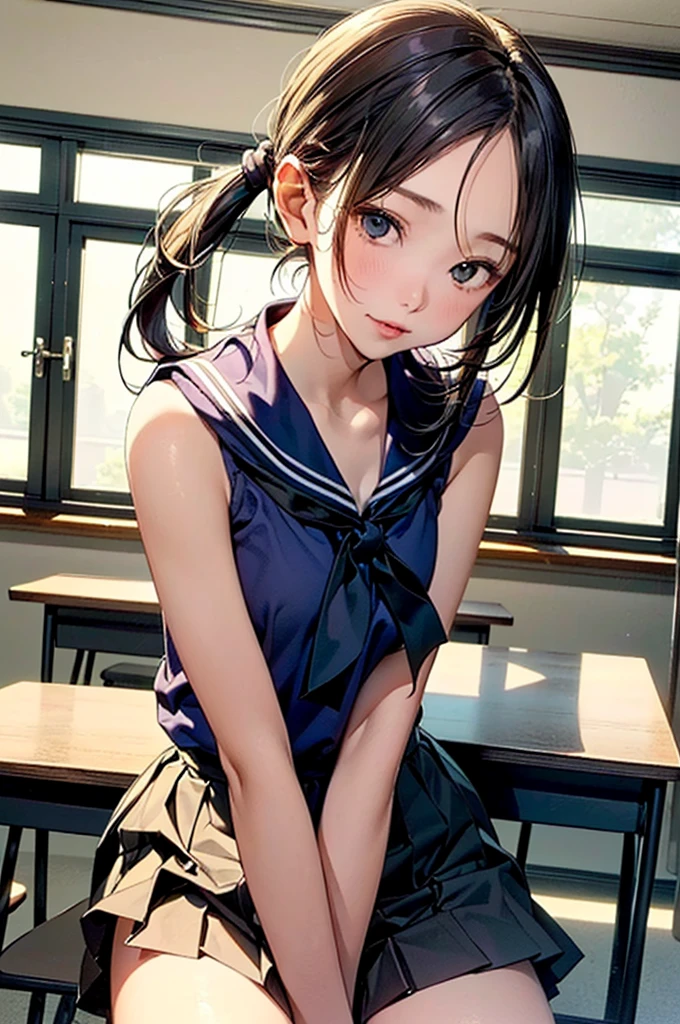 (loli:1.38),(14 Years Old:1.68),(young Woman:1.66),(young Age:1.78),(Masterpiece:1.21),(FHD),(16K),(Top Quality:1.24),(Super Resolution),(Super Illustration),(Best Shadow),(High Quality),(Super Detail:1.15), Elaborate,1 Woman, Japanese girl,(Small Round Face:1,69),(small breasts:1.53),(low ponytail:1.43),(short hair:1.12),(downturned eyes:1.76)(((Middle School))),(Classroom in),(looking Viewer:1.42),(Sailor uniform, white blouse, navy scarf,pleated skirt,white socks,black loafers)