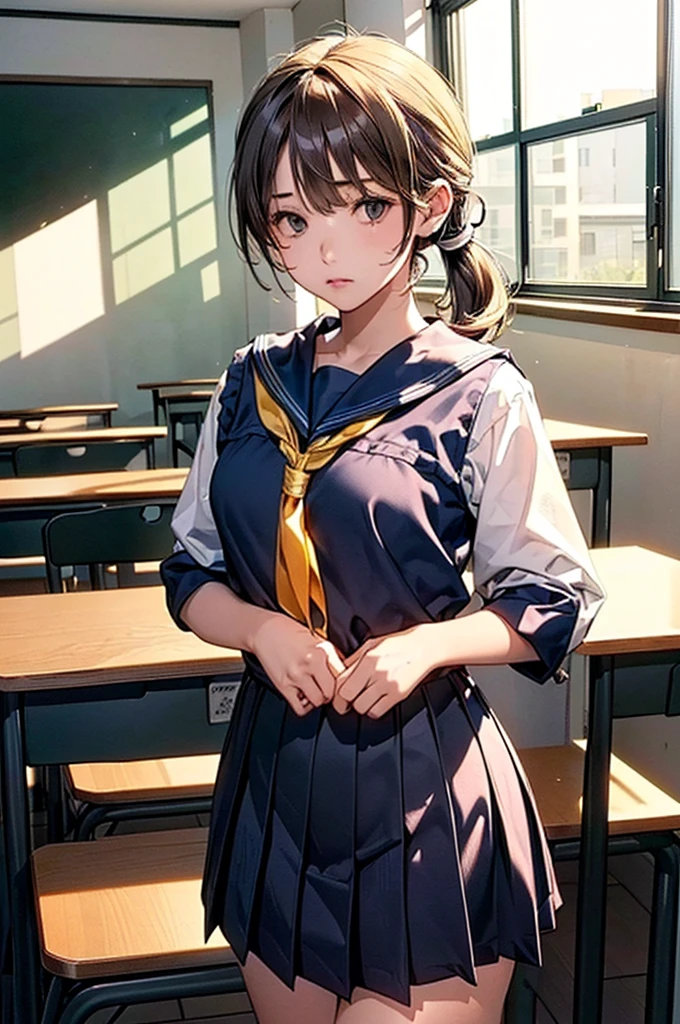 (loli:1.38),(14 Years Old:1.68),(young Woman:1.66),(young Age:1.78),(Masterpiece:1.21),(FHD),(16K),(Top Quality:1.24),(Super Resolution),(Super Illustration),(Best Shadow),(High Quality),(Super Detail:1.15), Elaborate,1 Woman, Japanese girl,(Small Round Face:1,69),(small breasts:1.53),(low ponytail:1.43),(short hair:1.12),(downturned eyes:1.76)(((Middle School))),(Classroom in),(looking Viewer:1.42),(Sailor uniform, white blouse, navy scarf,pleated skirt,white socks,black loafers)