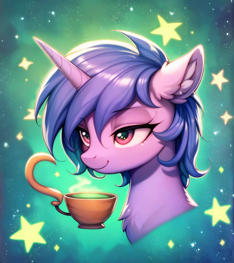 score_9, score_8_up, score_7_up, score_6_up, score_5_up, score_4_up, (by aki99), source_pony, rating_suggestive, (feral), bedroom eyes, shiny, masterpiece, detailed soft lighting, ear fluff, green_hair, straight_hair, Short_Hair, Fluffy_Hair, wolfcut_hair, light_green_skin, Red_eyes, hair_acessorios, Stars, Sparkles, full_body, cool_pose, full_body, green_tea.
