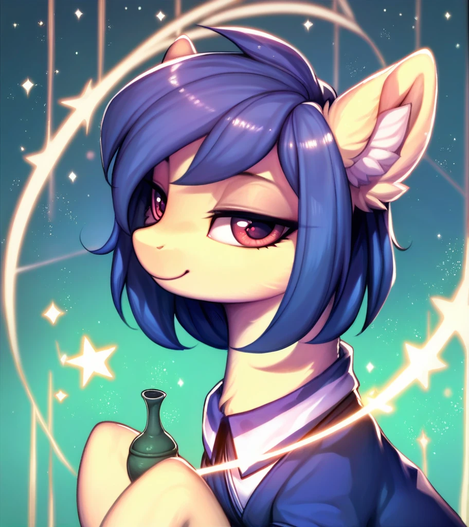 score_9, score_8_up, score_7_up, score_6_up, score_5_up, score_4_up, (by aki99), source_pony, rating_suggestive, (feral), bedroom eyes, shiny, masterpiece, detailed soft lighting, ear fluff, green_hair, straight_hair, Short_Hair, Fluffy_Hair, wolfcut_hair, light_green_skin, Red_eyes, hair_acessorios, Stars, Sparkles, full_body, cool_pose, full_body, green_tea.
