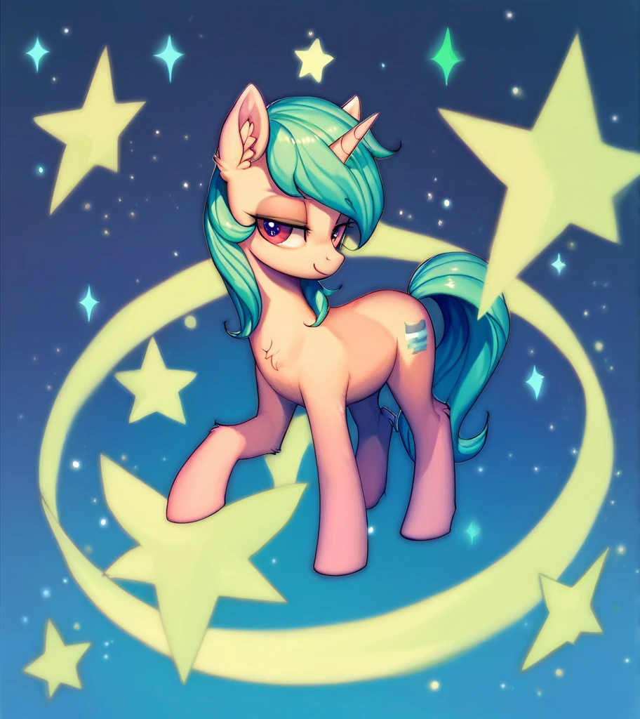 score_9, score_8_up, score_7_up, score_6_up, score_5_up, score_4_up, (by aki99), source_pony, rating_suggestive, (feral), bedroom eyes, shiny, masterpiece, detailed soft lighting, ear fluff, green_hair, straight_hair, Short_Hair, Fluffy_Hair, wolfcut_hair, light_green_skin, Red_eyes, hair_acessorios, Stars, Sparkles, full_body, cool_pose, full_body, green_tea.