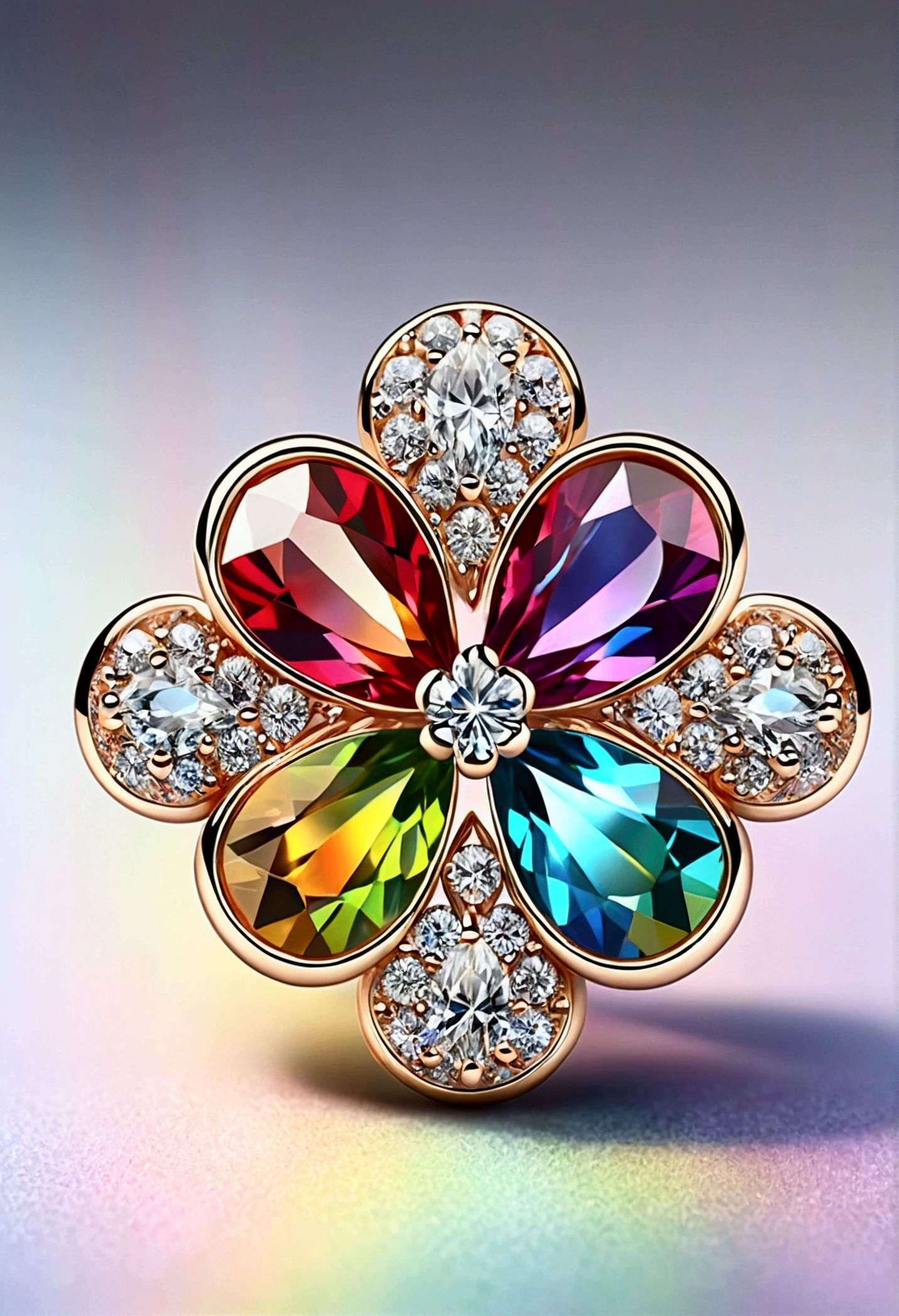 A rainbow-colored diamond clover，Good luck charm，Bright and cute design，Careful craftsmanship，High-definition, detailed depiction，The background is a rainbow-colored veil，A masterpiece of art．
