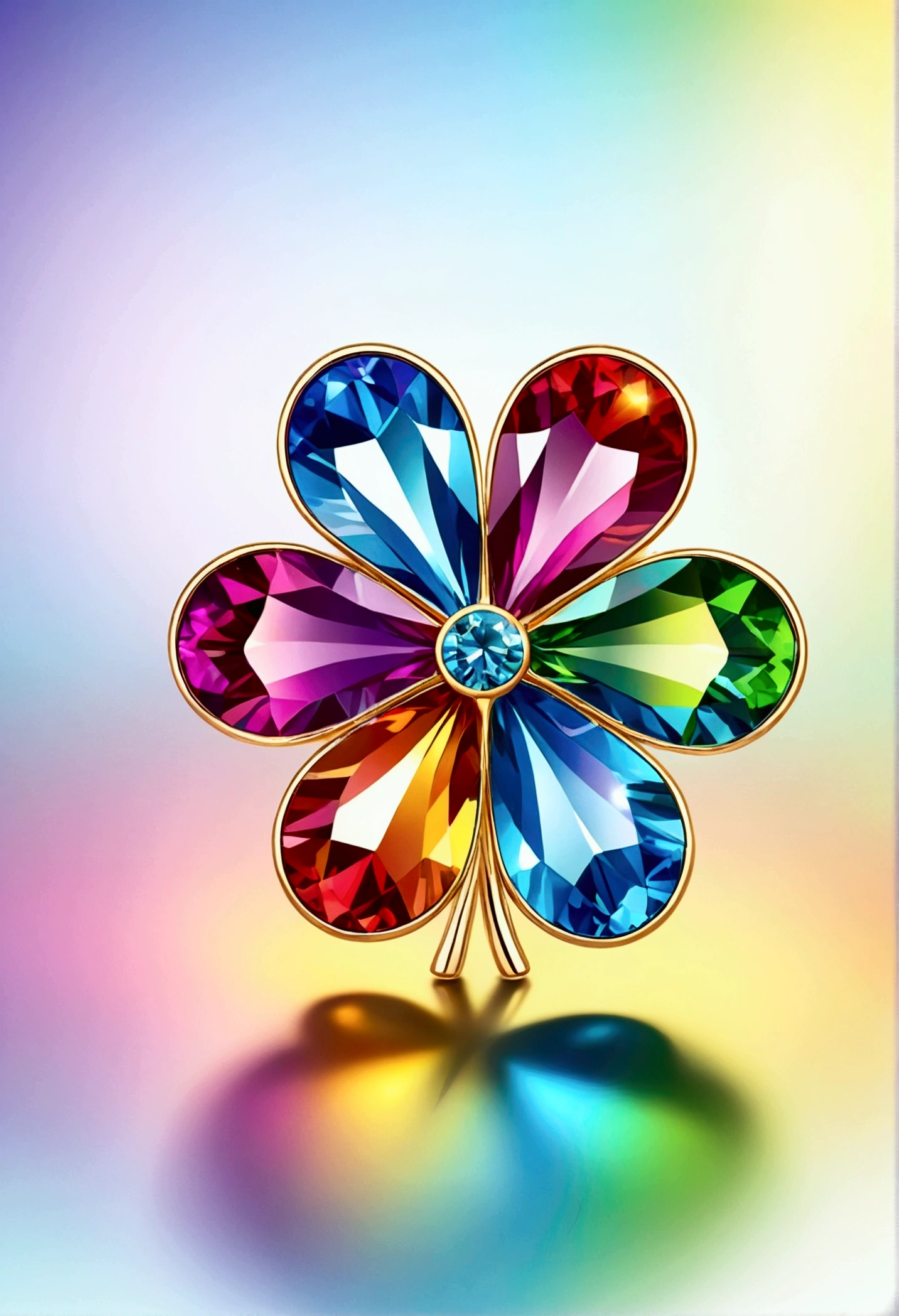 A rainbow-colored diamond clover，Good luck charm，Bright and cute design，Careful craftsmanship，High-definition, detailed depiction，The background is a rainbow-colored veil，A masterpiece of art．