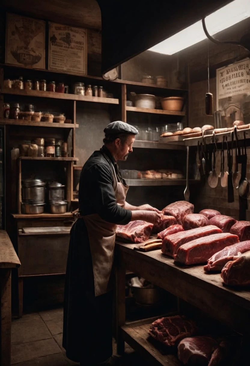 A dark and moody scene inside a vintage butcher&#39;s shop. A zombie-like character with chiseled facial features, Lit from above by a hanging lamp, stands at a three-quarter angle. The character&#39;s left hand holds a sharp knife close to his face, reflecting light, while his right hand is positioned on a wooden counter full of raw meat. No fundo, there are jars with organs and meat hanging. The scene has a suspenseful atmosphere with deep shadows and contrasting light..