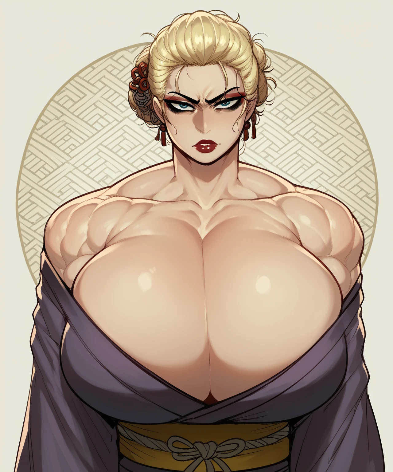 score_9, score_8_up, score_7_up, score_6_up, score_5_up, score_4_up, BREAK 1girl, ((muscular body:1)), intricate, kimono, (eyeliner:1.2), looking at viewer, bob hairstyle, blonde, jewelry, detailed background,huge breasts (masterpiece, high quality:1),
