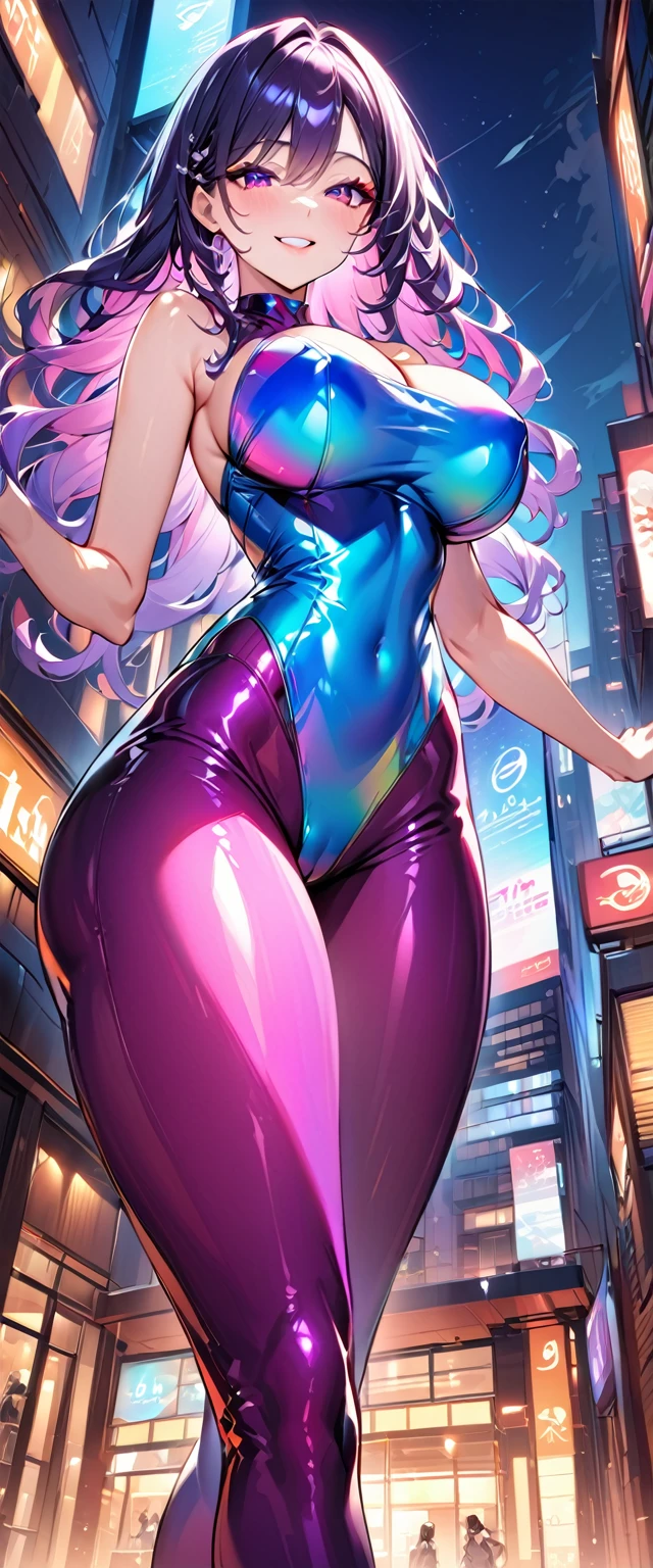 Highest quality、High resolution、Detailed Background、Beautiful face in every detail、Detailed facial expressions、Beautiful women in their 20s、Huge breasts、Brightly colored hair、Long Hair、Wavy Hairstyle、Cute Eye Makeup、Cute Lip Makeup、Perfect body line、Attractive ass、night、深night、
(A beautiful woman with a big smile, with a uniquely designed building in the background:1.5)、
Holographic laser rubber suit、The zipper opens completely and her breasts flap about.、Sleeveless、Accentuate your cleavage、
Low-angle close-up highlighting the lower body、Super close-up shot from directly below、Sexy High Leg、Super-detailed rubber suit、Show me your armpits、very beautiful