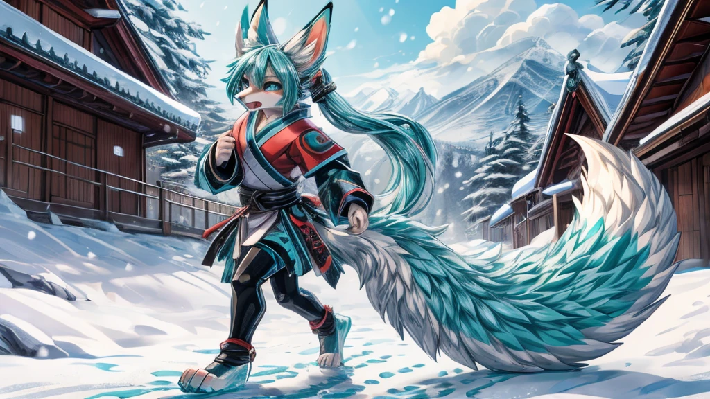 The best quality, Japanese adolescent hatsune miku x kitsune , fox face elongated snout add-detail, Surprise face, sweaty body, heated add_detail,, shinobi warrior in the snow add_detail:1, Whole body, barefoot add_detail:1