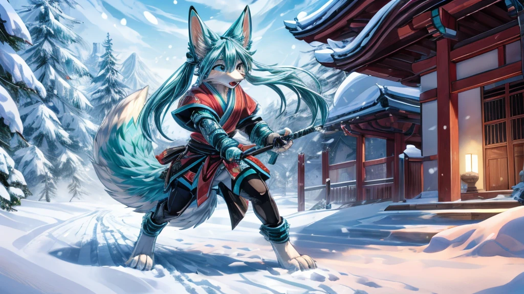 The best quality, Japanese adolescent hatsune miku x kitsune , fox face elongated snout add-detail, Surprise face, sweaty body, heated add_detail,, shinobi warrior in the snow add_detail:1, Whole body, barefoot add_detail:1 