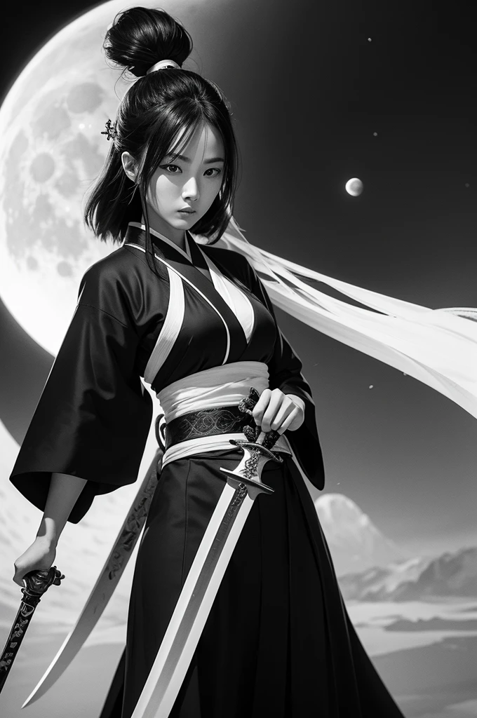 A female swordsman in a black and white moon kimono with a sword in her hand 

