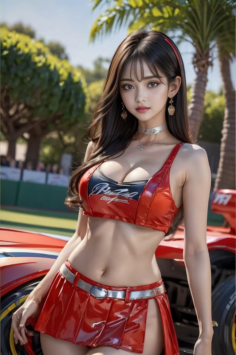 (masterpiece), ( MotoGP Racing Girls), (eyeliner:0.5),(blush:0.5), Black Hair, A faint smile, beautifully繊細な少女を指す, Highly detailed eyes and face, beautifully繊細な目, , ((Event List)), (MotoGP track background), (Highest quality, High resolution, reality, original, 8k,masterpiece, ),(((Dynamic pose))),(((Center Perspective))),(((Show the underside of the chest ))),(((Red miniskirt lift))),(((Bare inner thighs))),(((F1 cars on display))), (Vibrant colors:1.2), (beautifully),