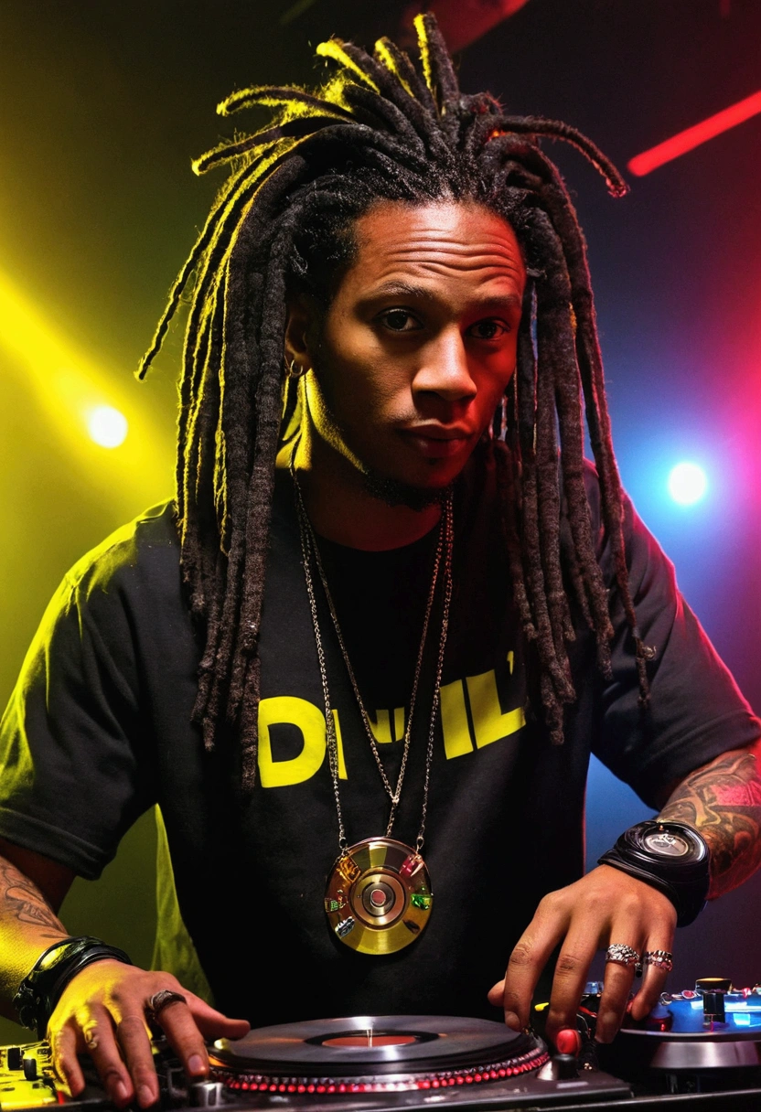 D i L i is a well-detailed name with the colors red.Unripe.yellow. Well detailed in the background of the image there is a very realistic DJ with black dreadlocks playing in a club with a well detailed flash of light 