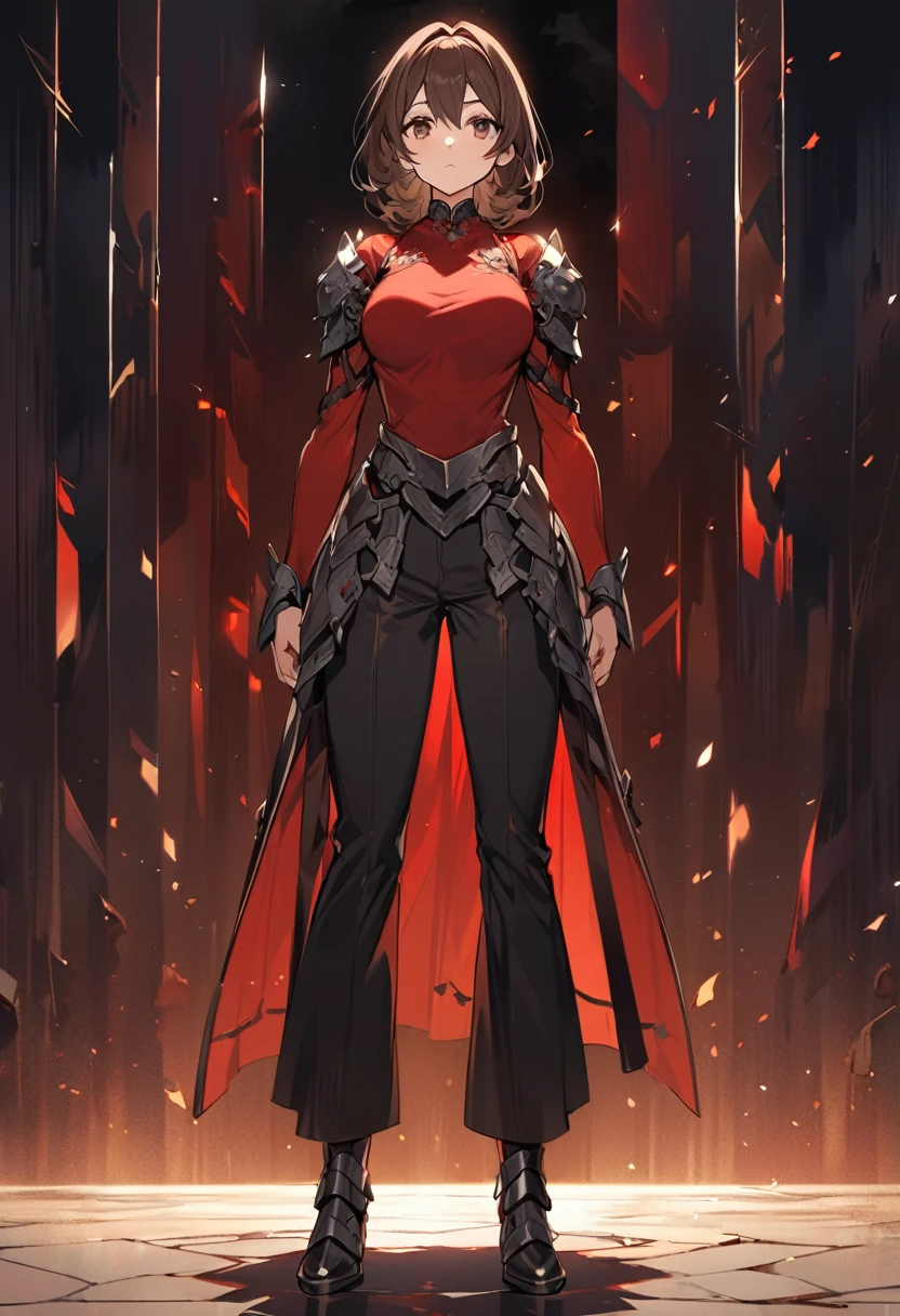 A beatiful anime woman, long dark brown hair, dark brown eyes, thin red t-shirt with armored details, black pants, black boot, standing, full body