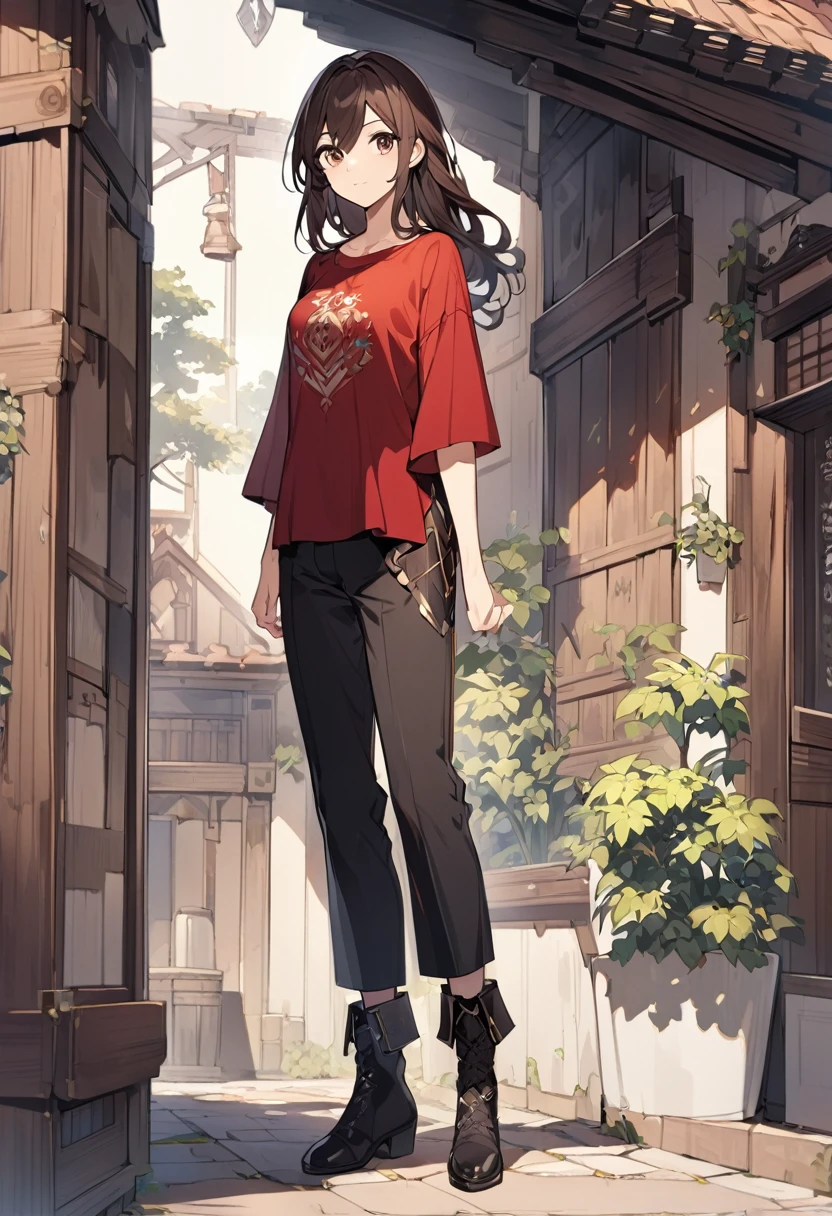 A beatiful anime woman, long dark brown hair, dark brown eyes, thin red t-shirt with armored details, black pants, black boot, standing, full body