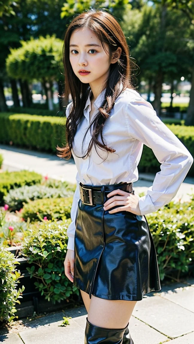 (8k、RAW Photos、Highest quality、masterpiece:1.2)、(Realistic、Realistic)、1 Girl、((suit、Black Mini Skirt、boots、garden、View from the front、Looking at the camera、belt、Hands on your hips))、cute