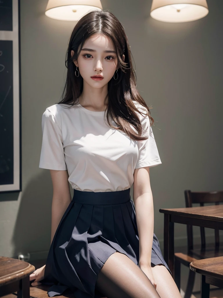 absurdres, RAW photo, extremely delicate and beautiful, masterpiece, Best Quality, ultra high resolution, 32k, hyperrealistic, ultra-detailed, perfect anatomy, super Detailed skin, perfect figure, Super Beauty, Perfect Style, Perfect balance, Beautiful Lighting, Perfect Lightning, Realistic Shadows, 20 years old, very Slim body, narrow waist, very small head, very small face, delicate facial features, handsome detailed woman, very detailed eyes and face, realistic face proportions, Realistic beautiful face, Realistic beautiful eyes, tearful mole, earring, very huge round breasts, legs, medium hair, asymmetrical hair, full_body_shot, indoor, school_uniform, short skirt, bare foots,
