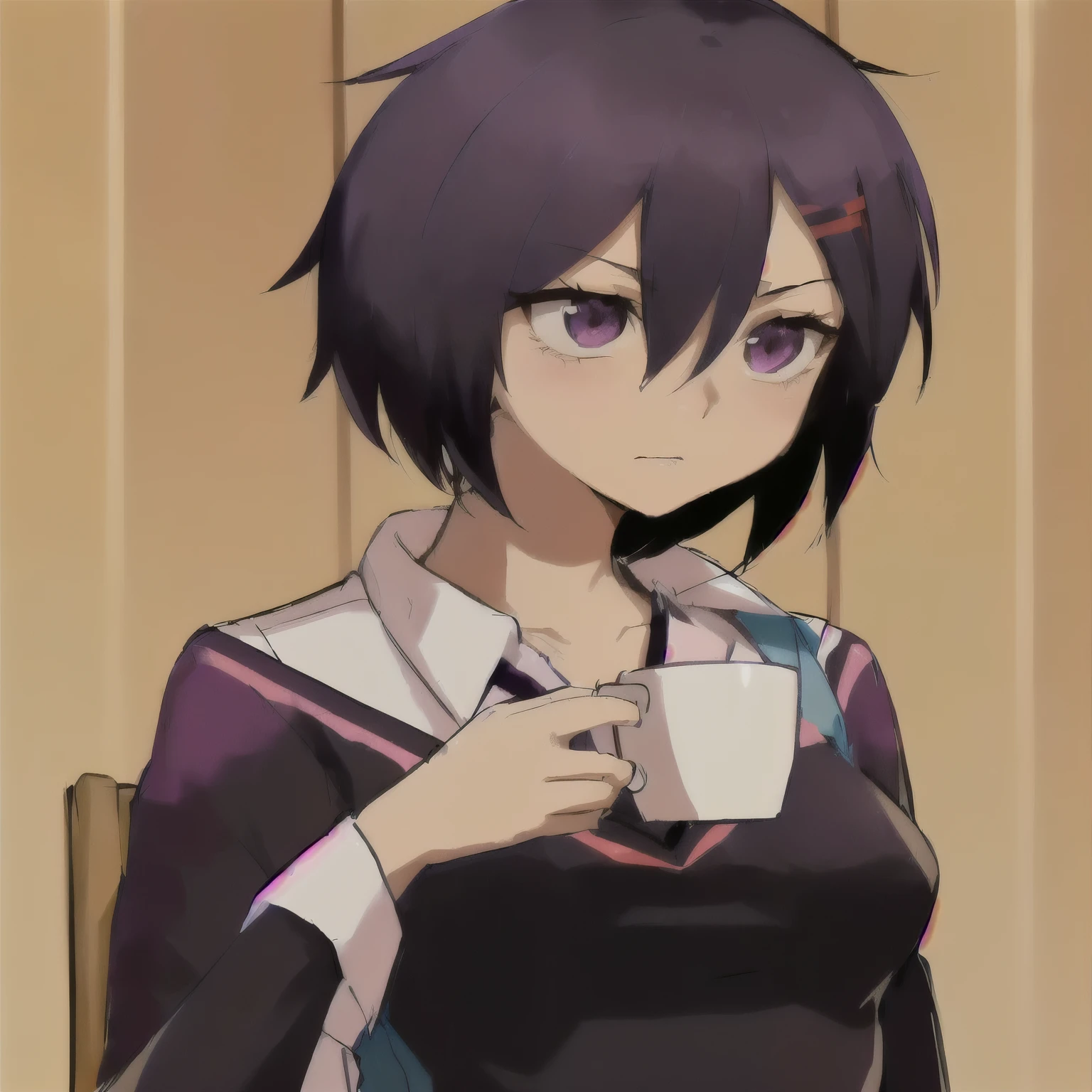 anime girl with purple hair holding a cup of coffee, attractive peni parker , anime moe artstyle, ryuko matoi, in an anime style, , as an anime character, in anime style, 2 d anime style, hana yata, kuvshinov ilya, inspired by 