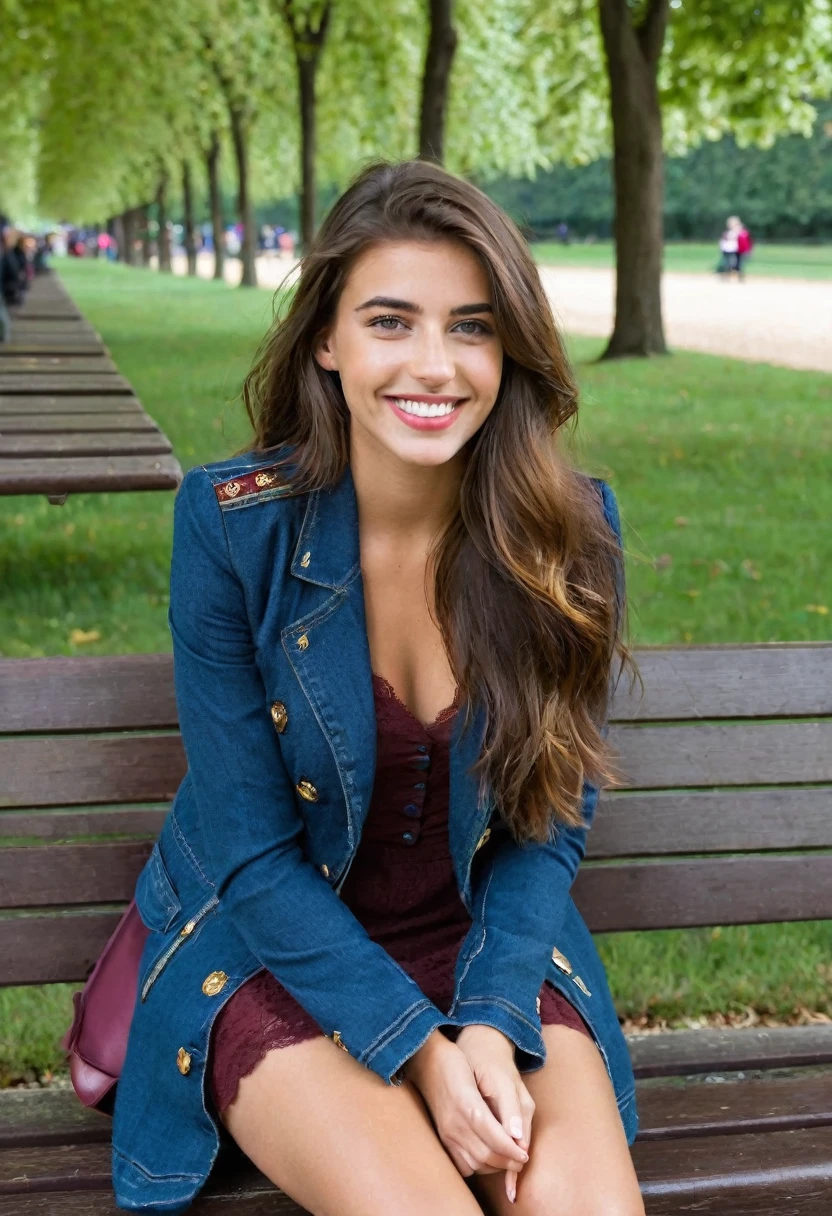 Fille française de 20 ans, assise en robe brunette, yeux de couleurs marrons foncé, grand sourire EN TRAIN DE S'AMUSER LA MAIN DEVANT LA BOUCHE , Les cheveux en désordre mais pas trop, photos SUR UN BANC DANS UN PARC AVEC UNE VESTE