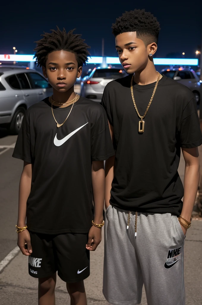 Two boys in a dark parking lot, a 9  black boy wearing a Nike t-shirt and a 16 year  a taller gold chain than the previous one ((photo realist))