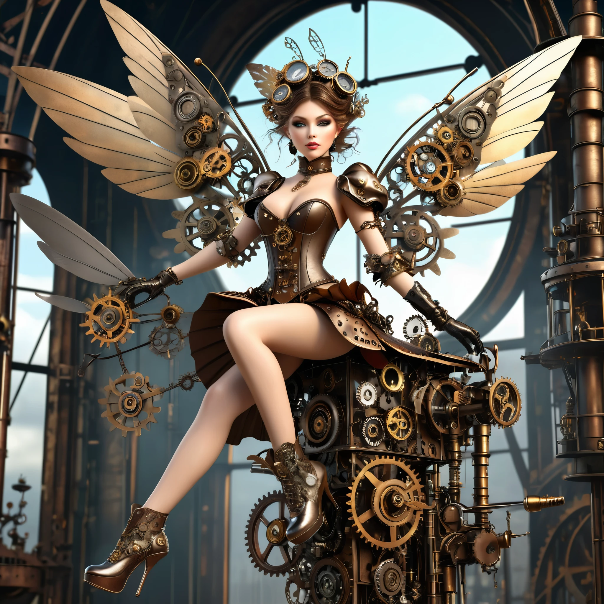exquisite 2.5d rendering of a gorgeous steampunk fairy, high heels, ((highly detailed face)), flying around a tower made of metal junk and clockwork parts, metal trimmed wings, clothing made of lace and steel, clockwork home