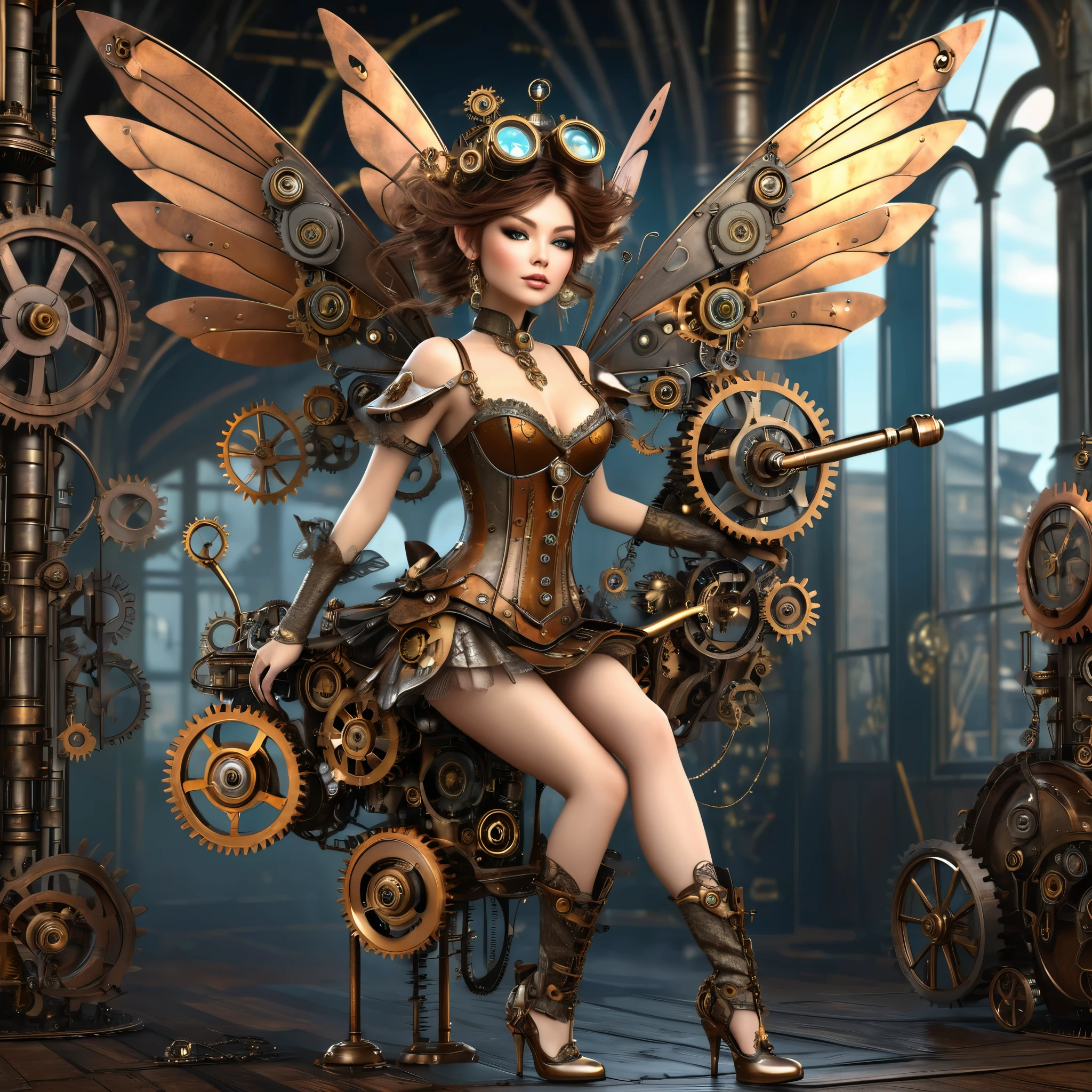 exquisite 2.5d rendering of a gorgeous steampunk fairy, high heels, ((highly detailed face)), flying around a tower made of metal junk and clockwork parts, metal trimmed wings, clothing made of lace and steel, clockwork home