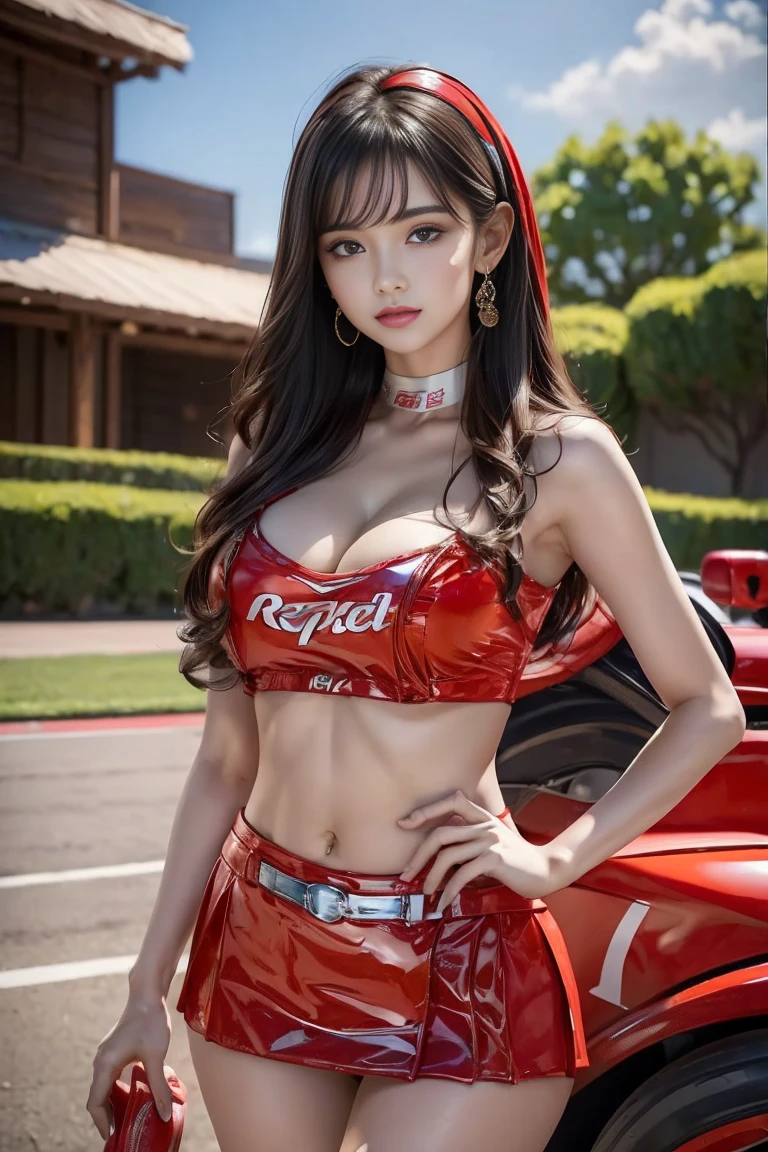 (masterpiece), ( MotoGP Racing Girls), (eyeliner:0.5),(blush:0.5), Black Hair, A faint smile, beautifully繊細な少女を指す, Highly detailed eyes and face, beautifully繊細な目, , ((Event List)), (MotoGP track background), (Highest quality, High resolution, reality, original, 8k,masterpiece, ),(((Dynamic pose))),(((Center Perspective))),(((Show the underside of the chest ))),(((Red miniskirt lift))),(((Bare inner thighs))),(((F1 cars on display))), (Vibrant colors:1.2), (beautifully),