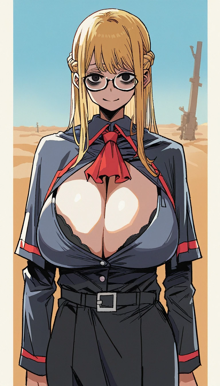 (score_9, score_8_up:1.1), 1 girl, fair skin, blonde hair, french braid, long hair, bangs, bags under eyes, smiling, black eyes, glasses, black military uniform, cleavage, belt, skirt, capelet, red ascot, huge breasts, cleavage, overflowing breasts, skindentation, bra peek, black bra, cowboy shot, posing, skinny, desert, blue sky, backlighting, looking at viewer