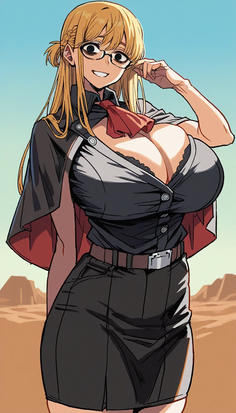 (score_9, score_8_up:1.1), 1 girl, fair skin, blonde hair, french braid, long hair, bangs, bags under eyes, smiling, black eyes, glasses, black military uniform, cleavage, belt, skirt, capelet, red ascot, huge breasts, cleavage, overflowing breasts, skindentation, bra peek, black bra, cowboy shot, posing, skinny, desert, blue sky, backlighting, looking at viewer