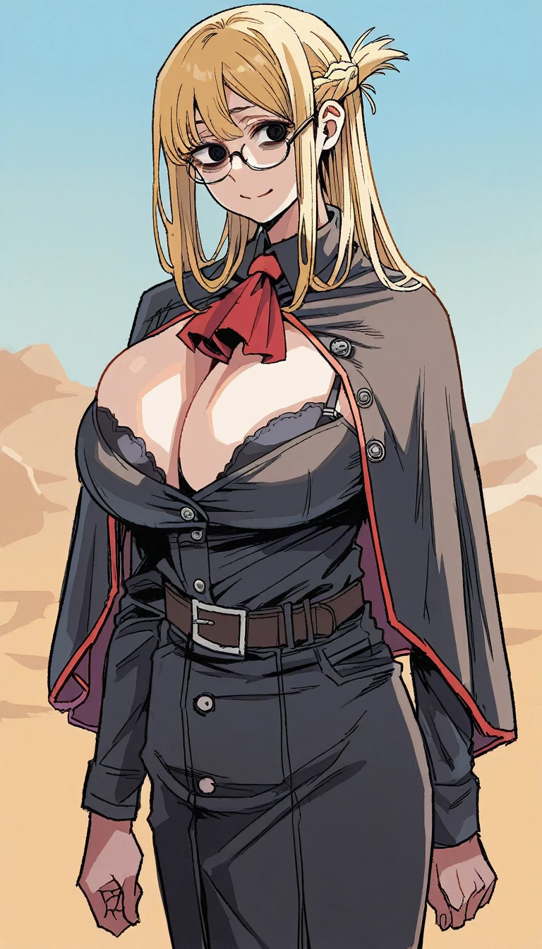 (score_9, score_8_up:1.1), 1 girl, fair skin, blonde hair, french braid, long hair, bangs, bags under eyes, smiling, black eyes, glasses, black military uniform, cleavage, belt, skirt, capelet, red ascot, huge breasts, cleavage, overflowing breasts, skindentation, bra peek, black bra, cowboy shot, posing, skinny, desert, blue sky, backlighting, looking at viewer