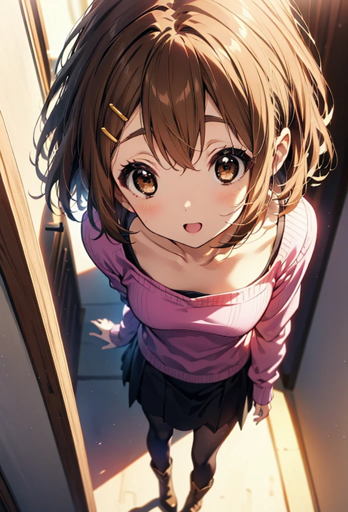 yuihirasawa, Yui Hirasawa, short hair, Brown Hair, hair ornaments, (Brown eyes:1.5), Hair Clip,One-shoulder sweater,mini skirt,Black pantyhose,short boots,Walking,morning,morning陽,The sun is rising,smile,Open your mouth,whole bodyがイラストに入るように
break outdoors,Building district, 
break looking at viewer, whole body,
break (masterpiece:1.2), Highest quality, High resolution, unity 8k wallpaper, (figure:0.8), (Beautiful attention to detail:1.6), Highly detailed face, Perfect lighting, Highly detailed CG, (Perfect hands, Perfect Anatomy),